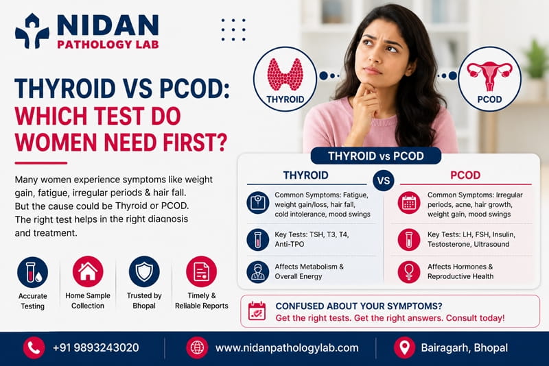 Thyroid and PCOD blood test comparison for women explained at Nidan Pathology Lab in Bhopal