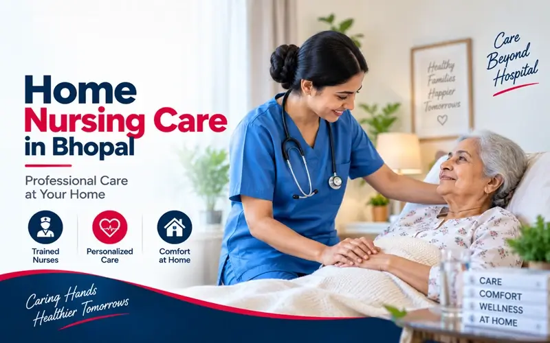 Certified female nurse providing home nursing care in Bhopal to elderly patient